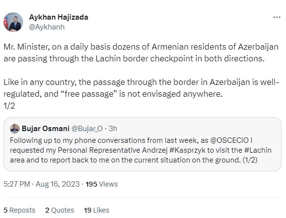 Azərbaycan XİN-dən ATƏT sədrinə: Heç bir yerdə sərhəddən “sərbəst keçid” anlayışı yoxdur - foto 1