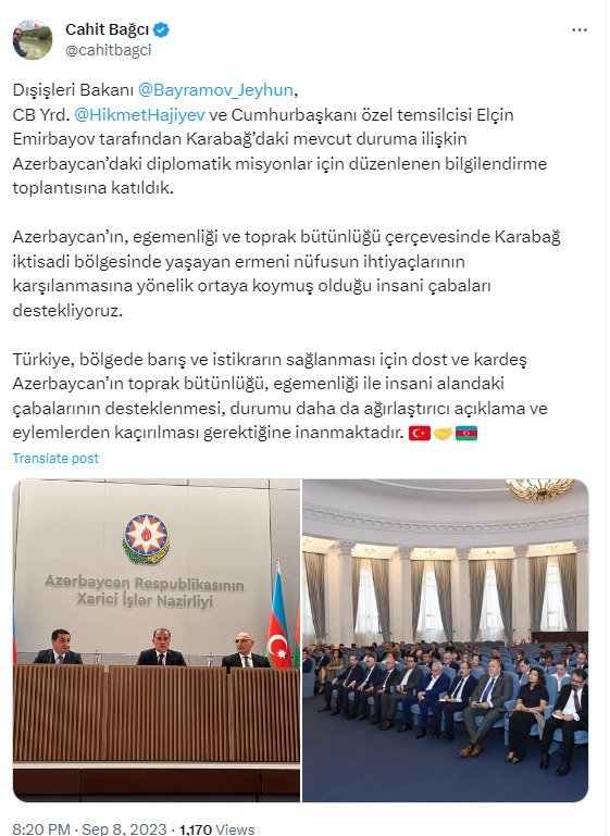 Cahit Bağçı: “Azərbaycanın ərazi bütövlüyü, humanitar sahədəki səyləri dəstəklənməlidir” - FOTO  - foto 1