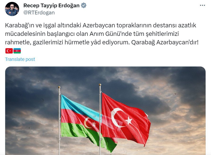 Ərdoğandan Anım Günü ilə bağlı PAYLAŞIM – “Qarabağ Azərbaycandır!”  - foto 1