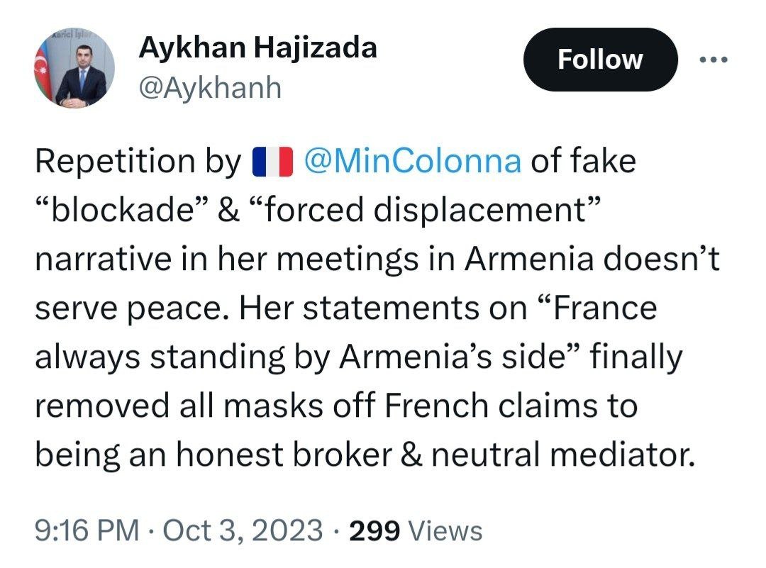 Ayxan Hacızadə: “Fransız nazirin saxta “məcburi köçkün” iddiaları sülhə xidmət etmir” - foto 1