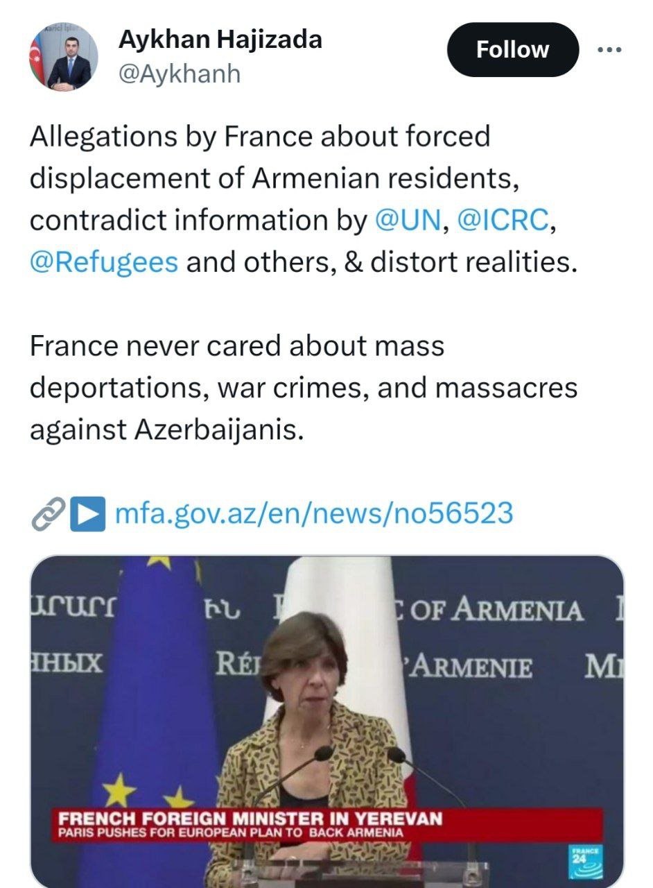 Ayxan Hacızadə: "Fransa azərbaycanlılara qarşı hərbi cinayətlər və qırğınları heç vaxt diqqətə almayıb" - foto 1
