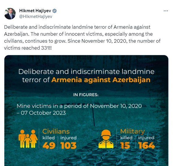 Hikmət Hacıyev: “Ermənistanın mina terrorunun qurbanlarının sayı artmaqda davam edir” - FOTO  - foto 1
