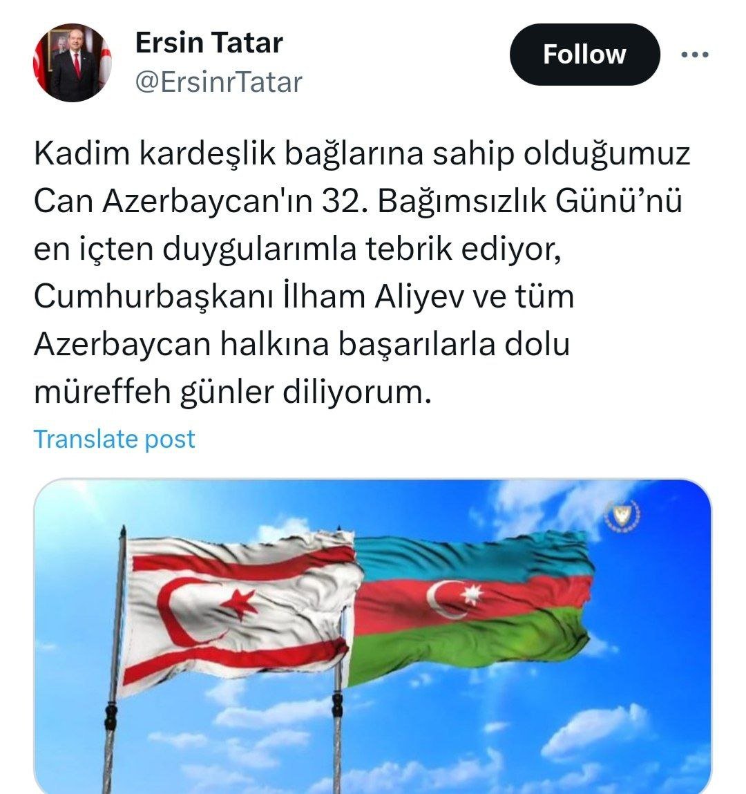 Şimali Kiprin Prezidenti Azərbaycan xalqını təbrik edib - FOTO  - foto 1