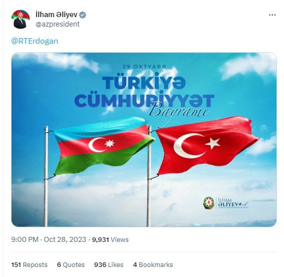 İlham Əliyev Türkiyənin Cümhuriyyət Bayramı ilə bağlı PAYLAŞIM EDİB - FOTO  - foto 1