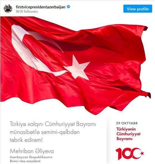 Mehriban Əliyeva Türkiyəni Cümhuriyyət Günü münasibətilə təbrik etdi - foto 1