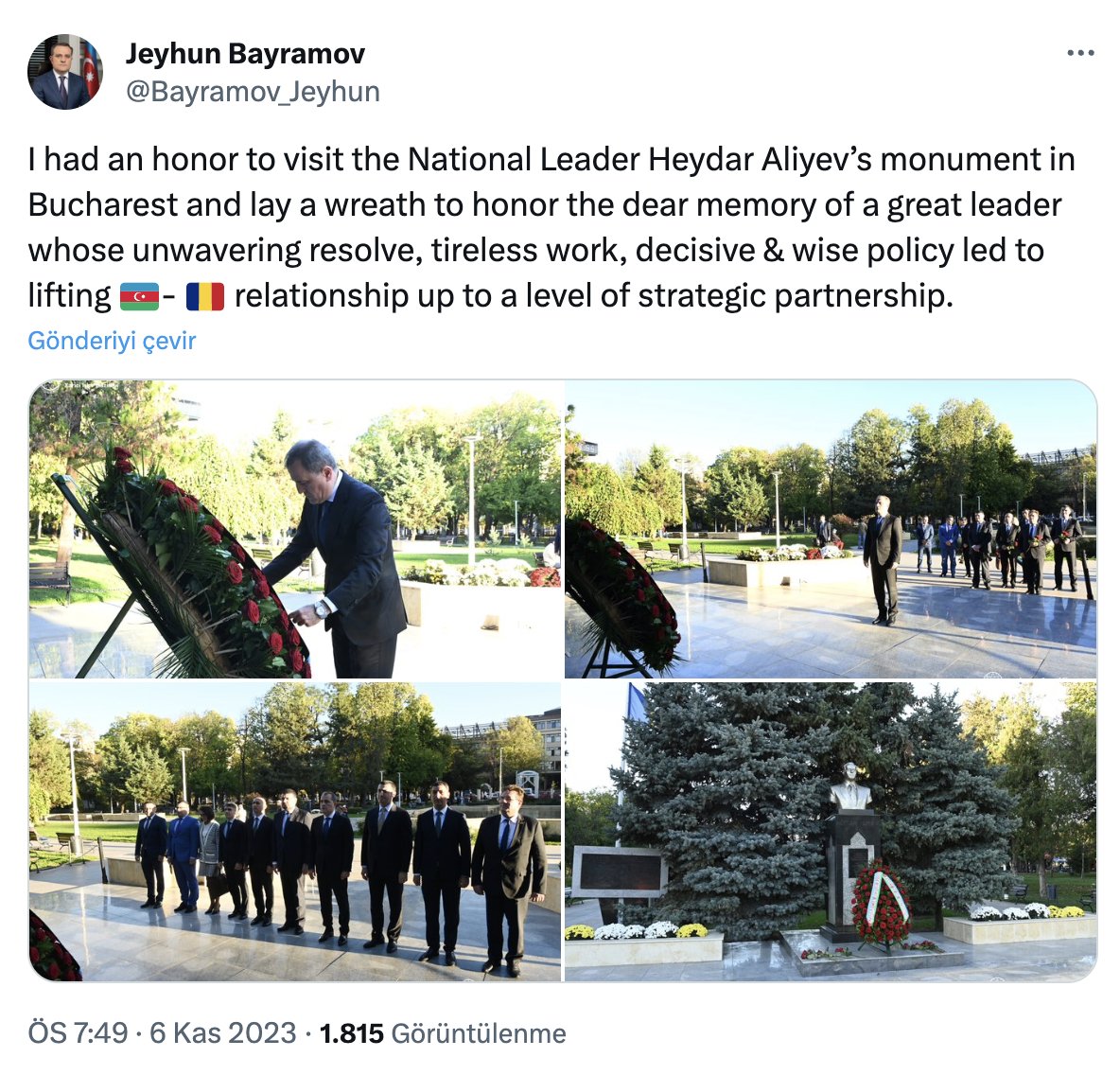 Ceyhun Bayramov Buxarestdə Heydər Əliyevin abidəsini ziyarət edib - FOTO - foto 1