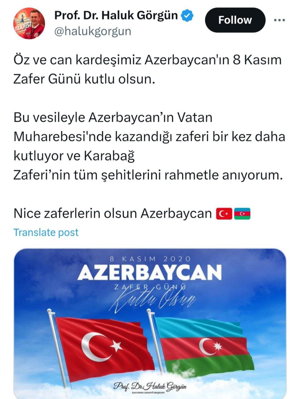 Türkiyəli nazirdən Zəfər Günü ilə bağlı PAYLAŞIM - FOTO - foto 1
