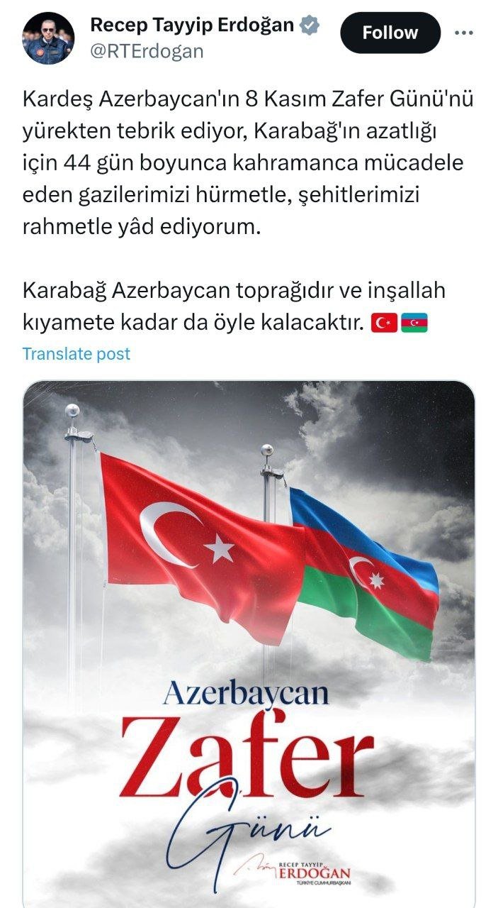 Ərdoğandan TƏBRİK: “Qarabağ Azərbaycan ərazisidir və qiyamətə qədər belə qalacaq” - FOTO  - foto 1