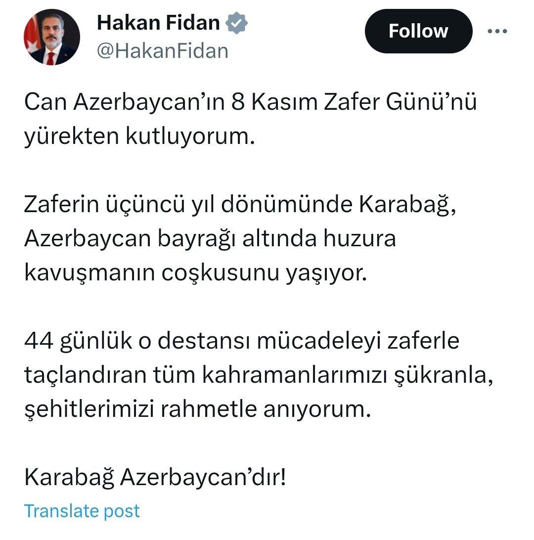 Hakan Fidan: “Can Azərbaycanın Zəfər Gününü ürəkdən təbrik edirəm” - FOTO - foto 1