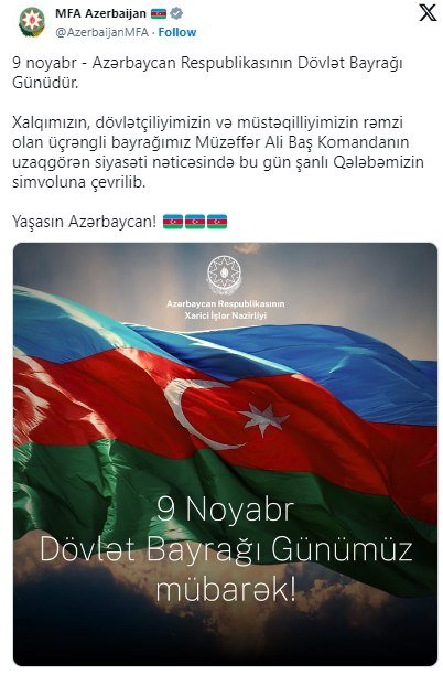 Azərbaycan XİN: "Üçrəngli bayrağımız şanlı Qələbəmizin simvoluna çevrilib" - foto 1