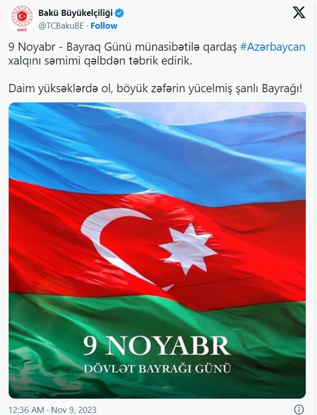 Türkiyə səfirliyindən Azərbaycana təbrik paylaşımı – FOTO   - foto 1