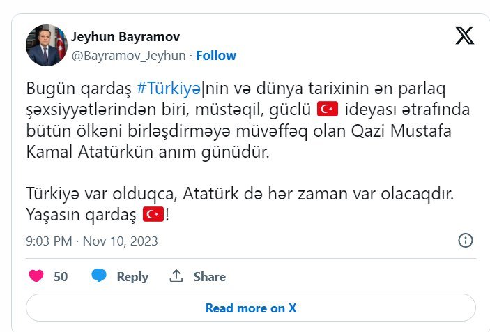 Azərbaycanın Xarici İşlər Nazirliyi Atatürklə bağlı paylaşım edib - FOTO - foto 1