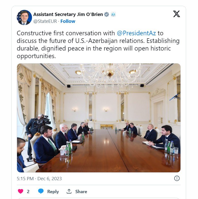 O’Brayn: "Prezident İlham Əliyevlə konstruktiv söhbət apardıq" - foto 1