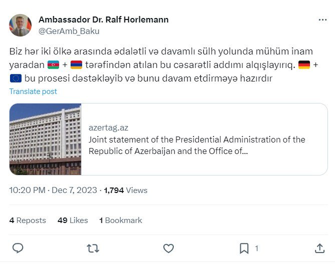 Almaniyalı səfir: “Azərbaycanla Ermənistan tərəfindən atılan bu cəsarətli addımı alqışlayırıq” - FOTO - foto 1