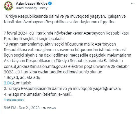 Türkiyədəki səfirliyimizdən seçkilərlə bağlı ÇAĞIRIŞ   - foto 1