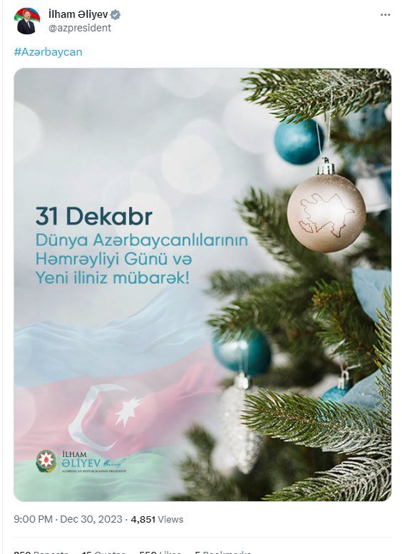İlham Əliyev Dünya Azərbaycanlılarının Həmrəyliyi Günü münasibəti ilə paylaşım edib - FOTO - foto 1