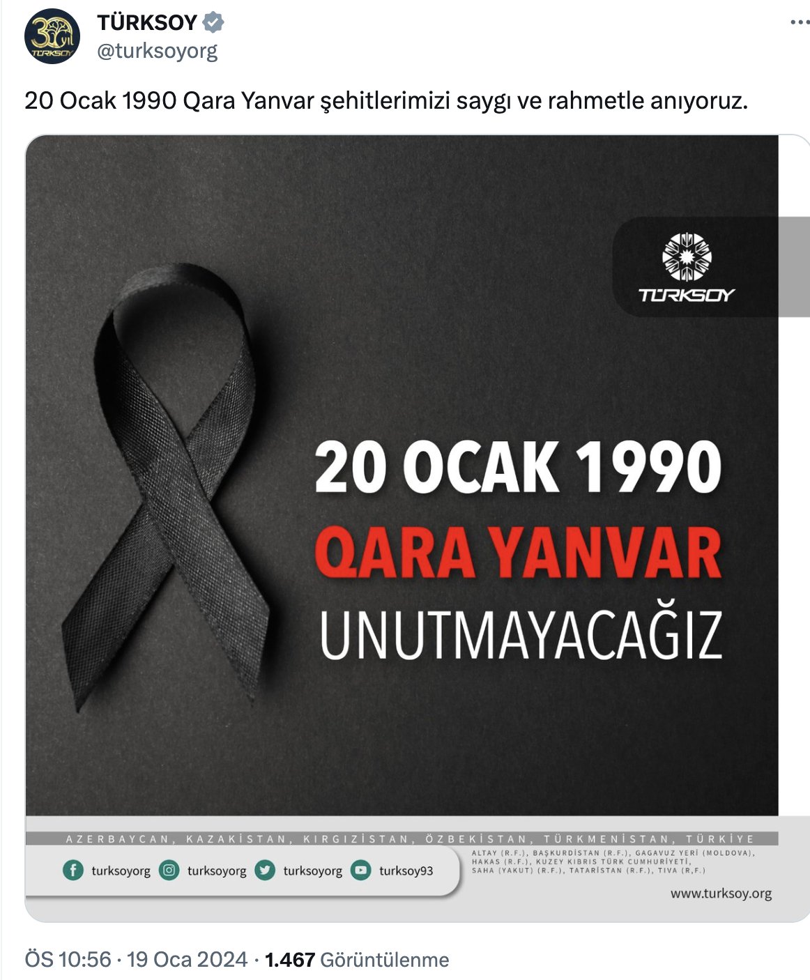 TÜRKSOY-dan Ümumxalq Hüzn Günü ilə bağlı PAYLAŞIM - FOTO - foto 1