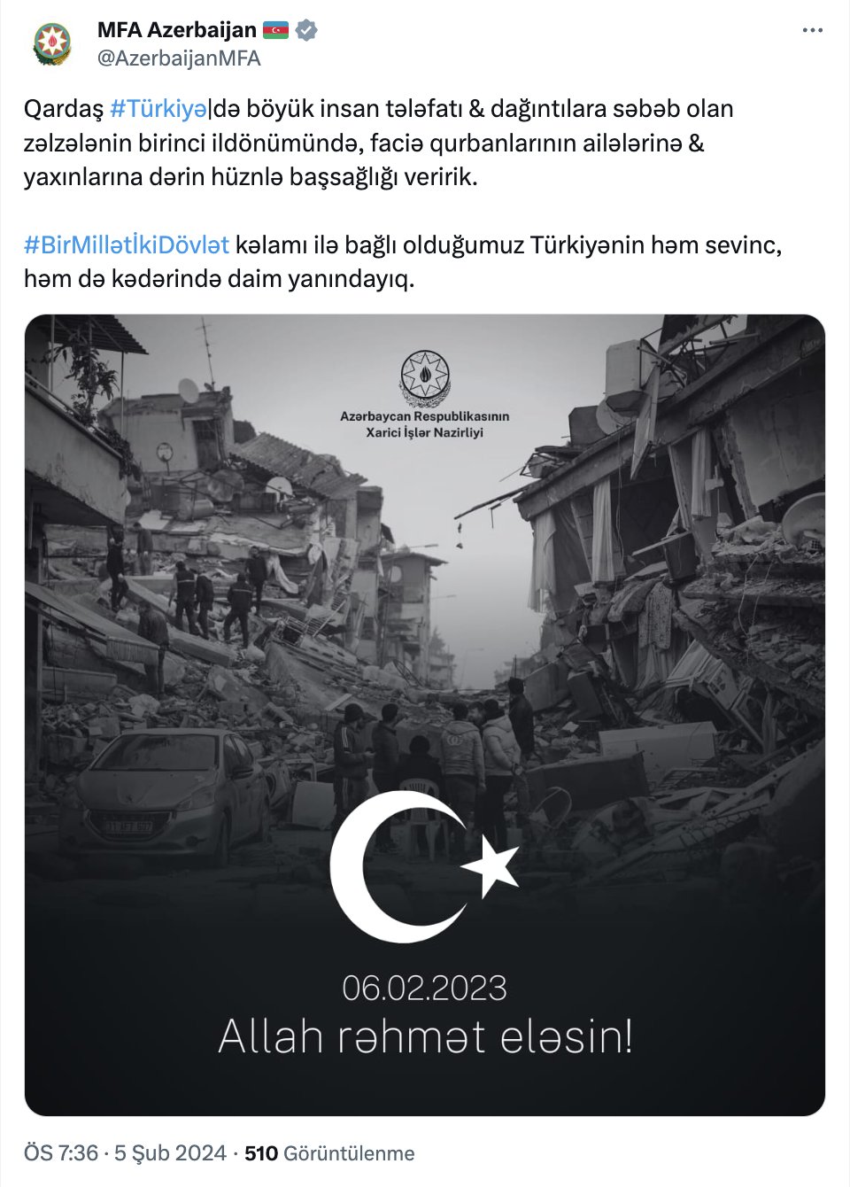 XİN Türkiyədəki zəlzələnin ildönümü ilə bağlı başsağlığı verib - FOTO - foto 1