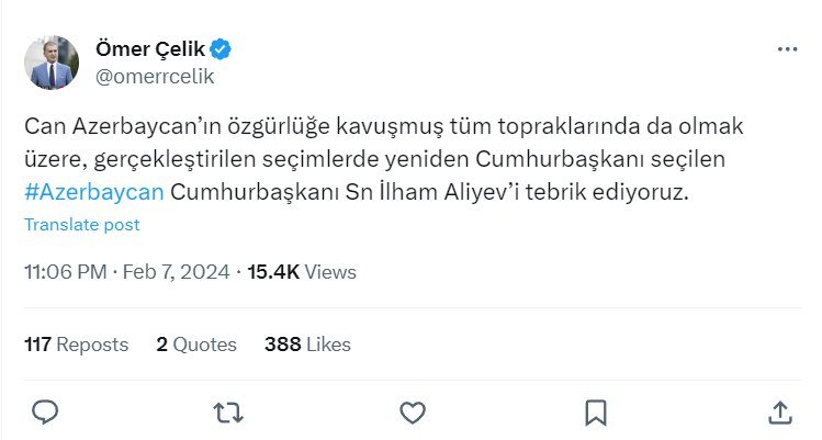 Türkiyə rəsmiləri İlham Əliyevi TƏBRİK ETDİLƏR - FOTO - foto 2