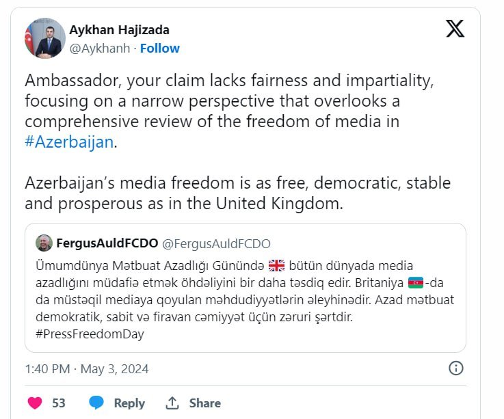 Azərbaycan XİN-dən Britaniya səfirinə cavab: Mediamız azad, demokratikdir - foto 1
