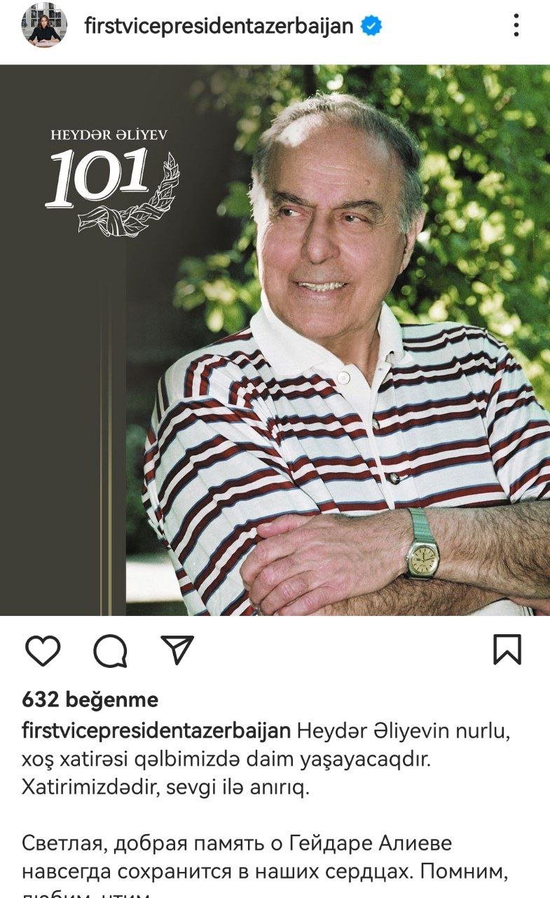 Mehriban Əliyevadan Heydər Əliyevin 101-ci ildönümü ilə bağlı paylaşım – FOTO   - foto 1