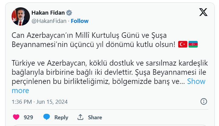 Hakan Fidan Azərbaycan xalqını təbrik ETDİ - foto 1