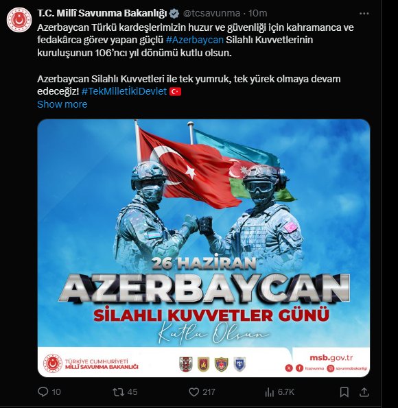 Türkiyə MN Azərbaycan Silahlı Qüvvələr Günü ilə bağlı PAYLAŞIM edib - foto 1