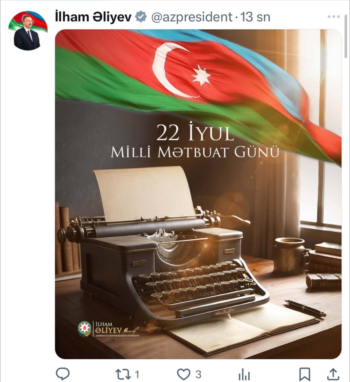 Prezident Milli Mətbuat Günü ilə bağlı paylaşım etdi - FOTO - foto 1