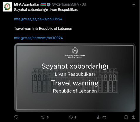 XİN Azərbaycan vətəndaşlarını Livanı qısa müddətdə tərk etməyə çağırır - foto 1