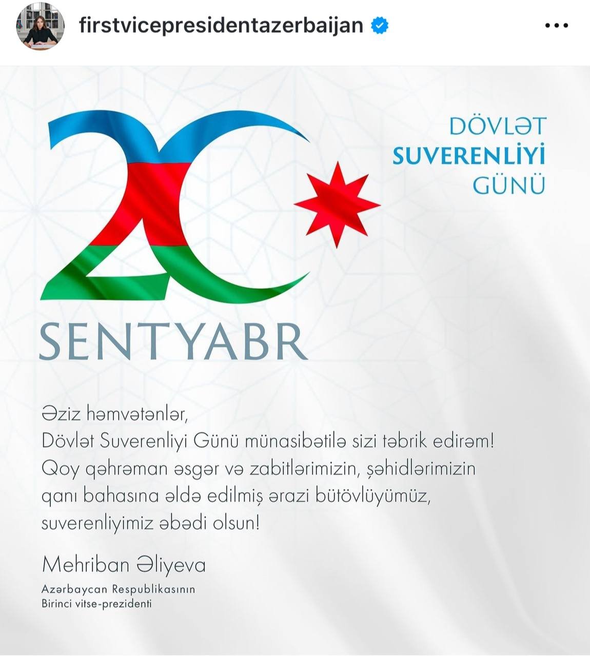 Mehriban Əliyevadan Dövlət Suverenliyi Günü ilə bağlı paylaşım – FOTO - foto 1