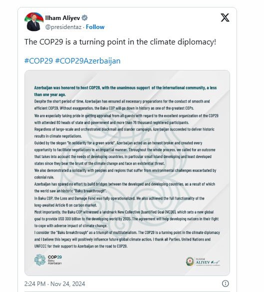 İlham Əliyev: COP29 iqlim diplomatiyasında dönüş nöqtəsidir - FOTO - foto 1