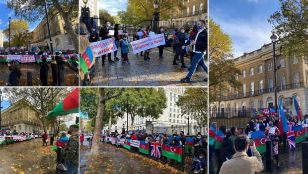 Britaniya baş nazirinin ofisinin qarşısında Gəncə terroruna etiraz edildi
