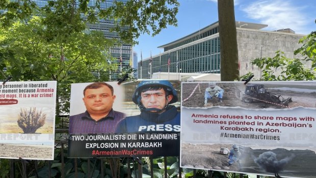 BMT-nin qarşısında Ermənilərin mina xəritəsini verməməsinə etiraz edildi - FOTO