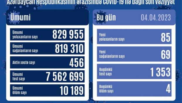 Azərbaycanda daha 85 nəfər COVID-19-a yoluxub - 4 xəstə öldü