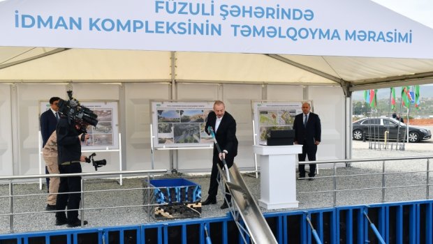 Prezident Füzuli şəhərində idman kompleksinin təməlini QOYDU - FOTO