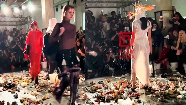 Milan moda həftəsində modellərin üzərinə zibil atdılar – VİDEO