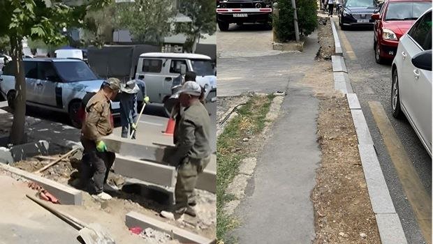 Bakıda parklanma yeri yaratmaq üçün sökülən səki bərpa olunur - VİDEO