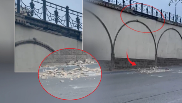 Bakıda körpüdə təhlükəli vəziyyət: Daşlar qoparaq yola töküldü - VİDEO