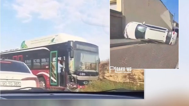 Hövsanda avtobusla toqquşan avtomobil aşdı &ndash; VİDEO