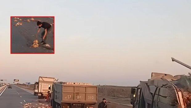 Bakı-Quba yolunda yük avtomobilləri toqquşdu - Toyuqlar yola dağıldı - VİDEO