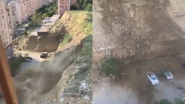Bakıda DƏHŞƏTLİ ANLAR: Avtomobillər torpağın altında qaldı - VİDEO