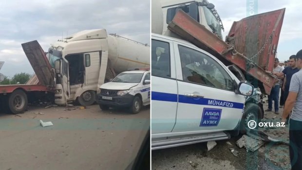 Bakı-Quba yolunda ağır qəza: Yük maşınlarının arasında qalan şəxs öldü - VİDEO