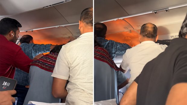 Poverbank alovlandı, təyyarə təcili eniş etdi - Video