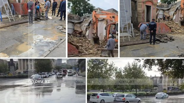 Bakıda söküntü zamanı su borusu partladı &ndash; VİDEO